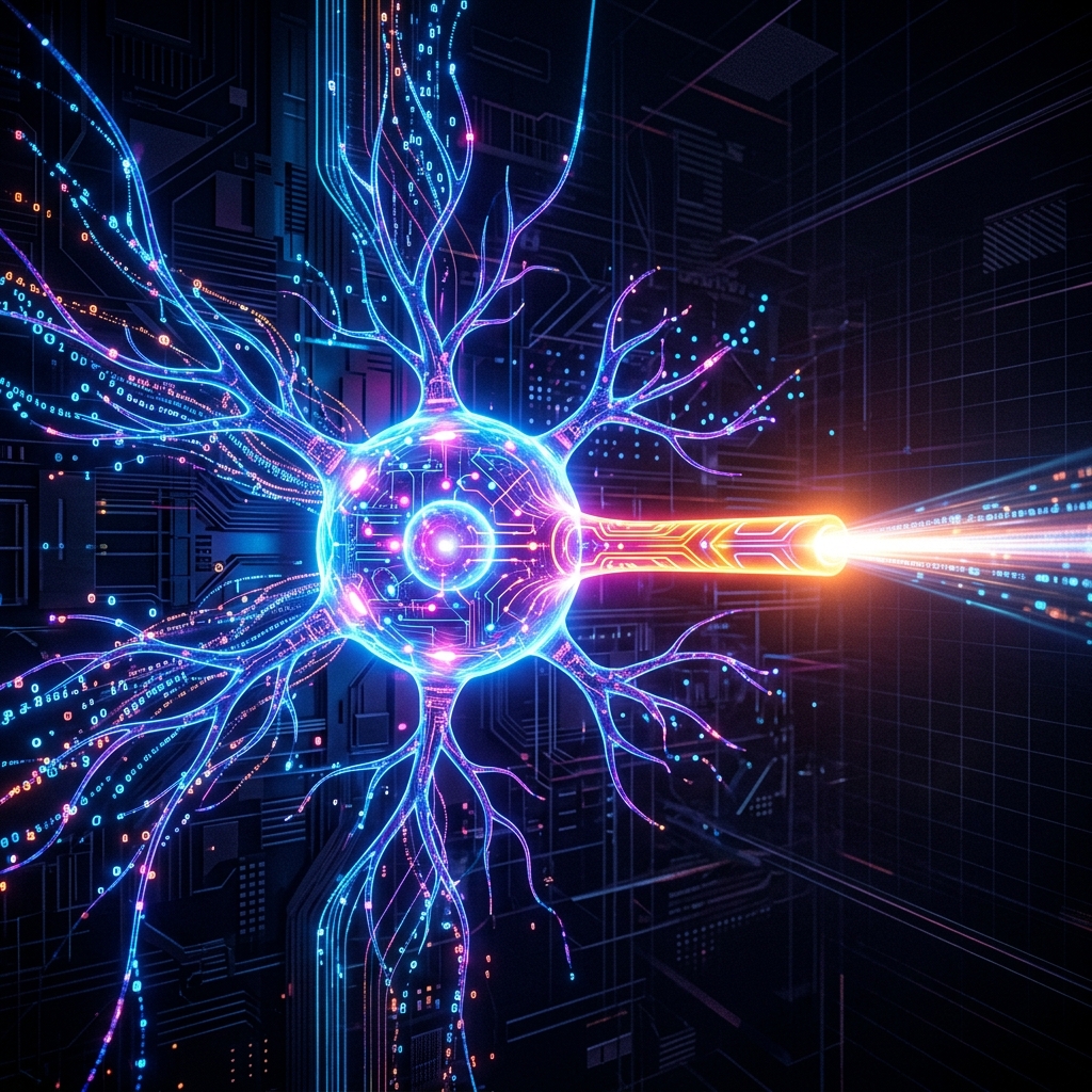 A glowing abstract 3D artificial neuron