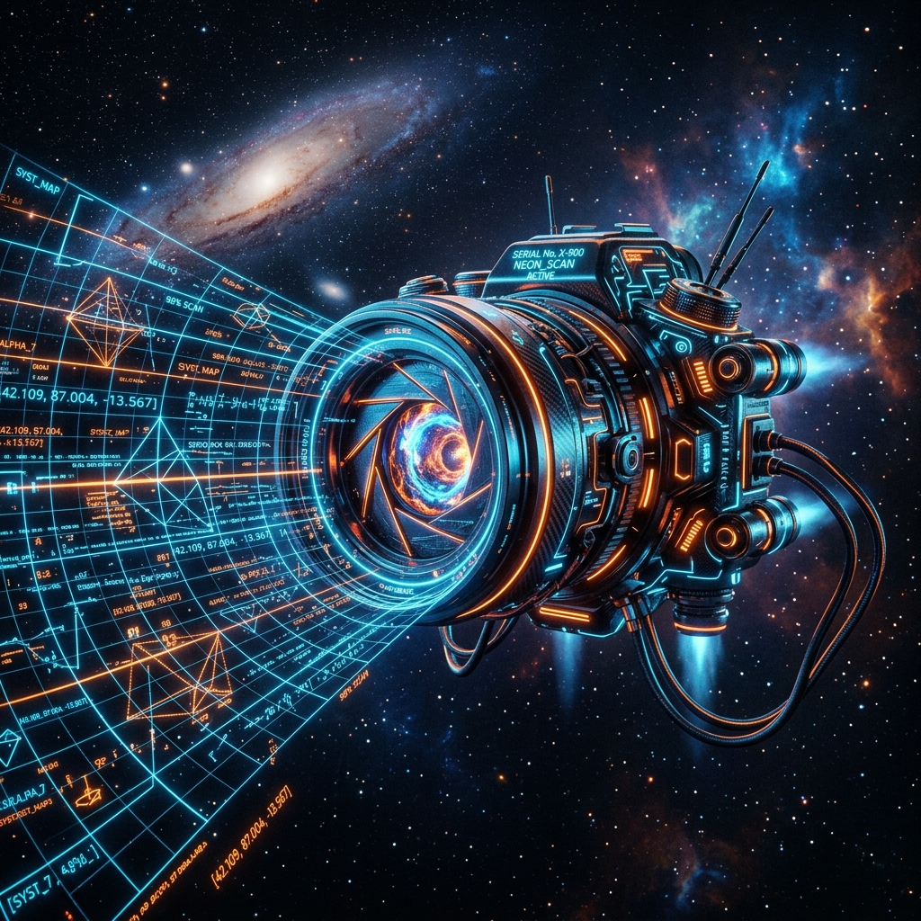 A high-tech cybernetic camera lens floating in space scanning a grid