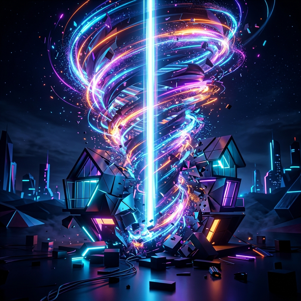 A glowing 3D tornado hitting a house with a solid central pillar