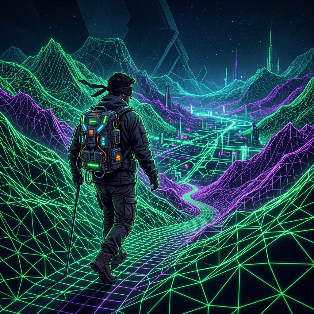 A blindfolded cyberpunk hiker walking down a neon topographical map